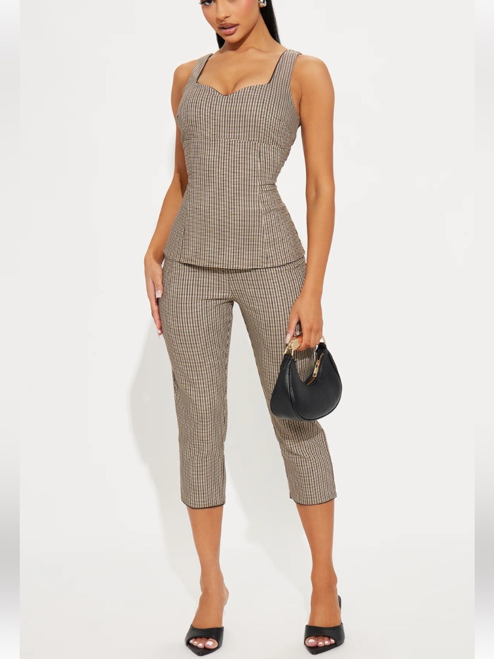 Checked Beige Cropped Pants & Top Set - Women